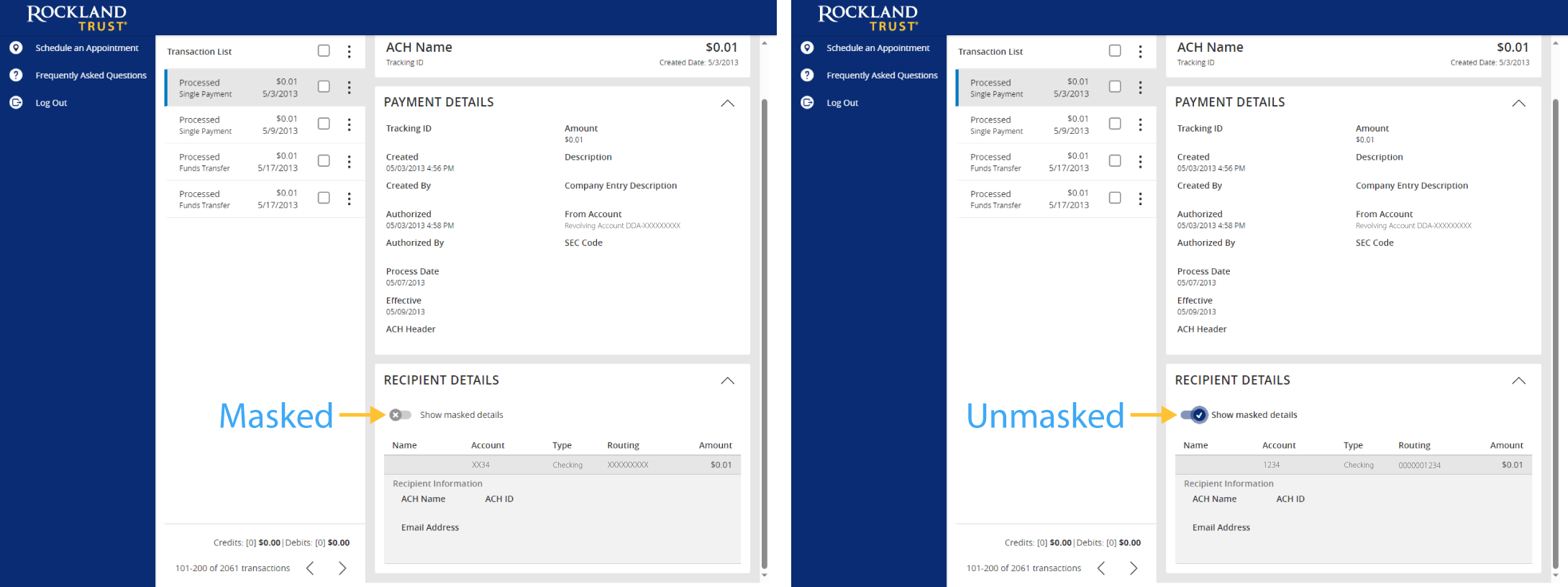 Side by side screenshots of online banking.
